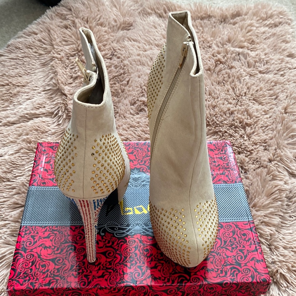 Beige rhinestone ankle boots